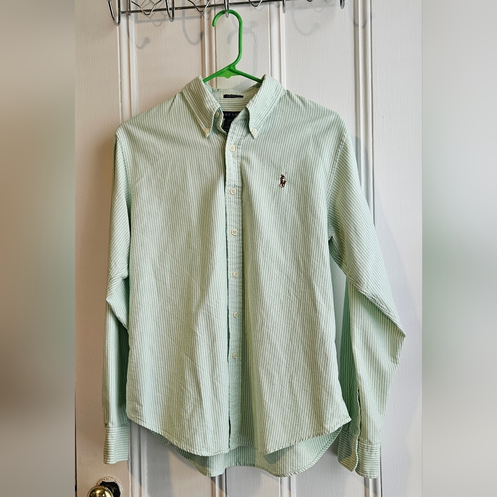 RL Ralph Lauren Size 14 Green & White Striped Classic Fit Button Up Shirt